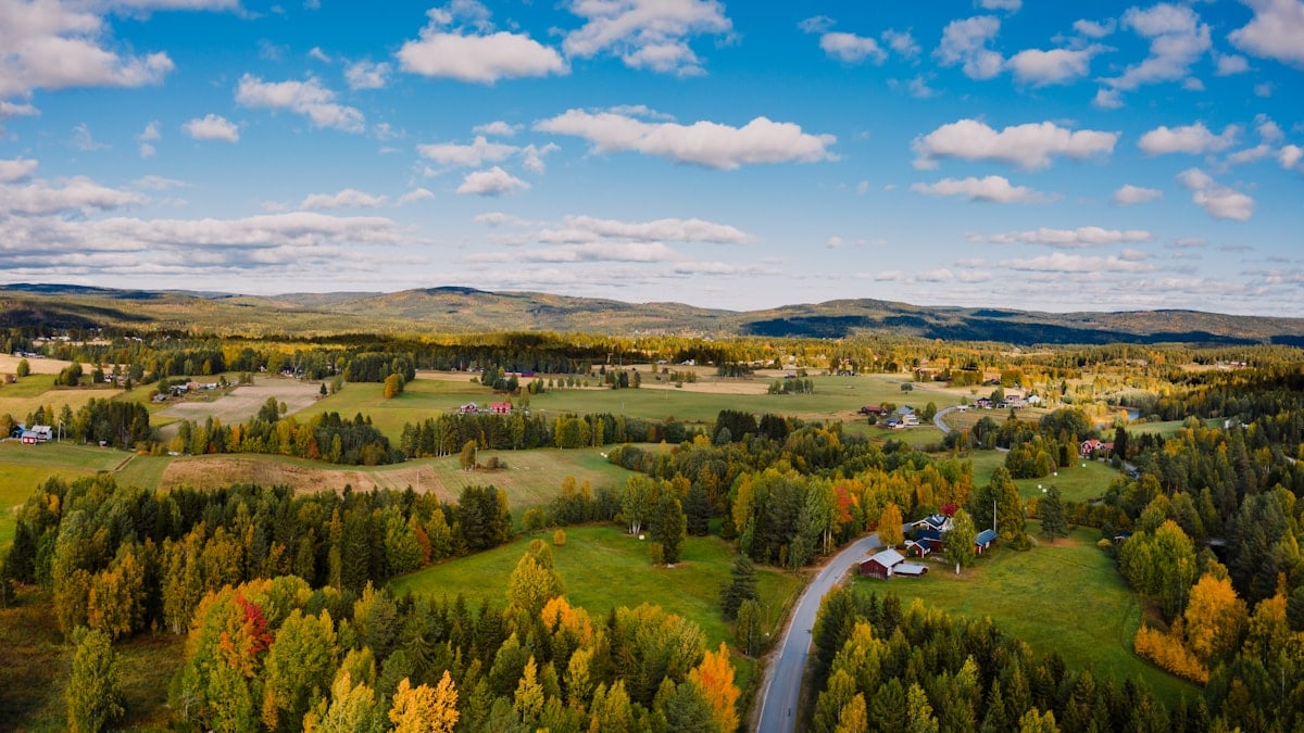 An aerial shot of the Swedish countryside around Stöde